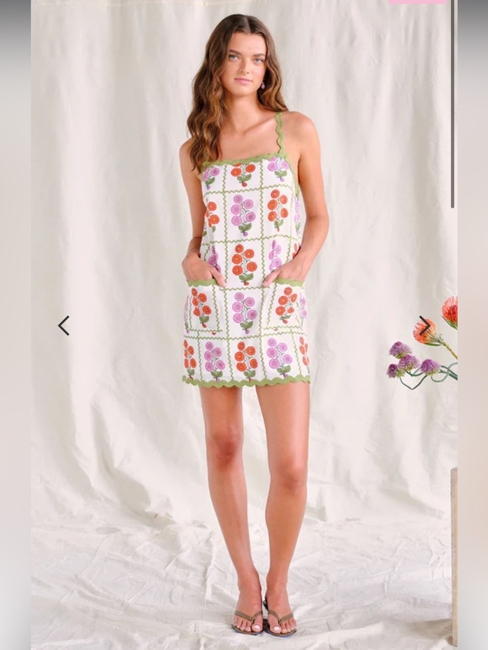 SAYLOR Cream Mini Dress with Pink and Orange Floral Panels and Green Trim